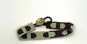 INK ALLOY Woven Glass Bead Mint Green Brown Bracelet Brass Button Closure 7-8"